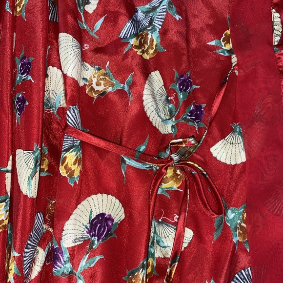 Vintage‎ Delicates Robe Women's XL Red Floral Asian Fan Sensu Sheer Sleeve Y2K - Picture 6 of 9